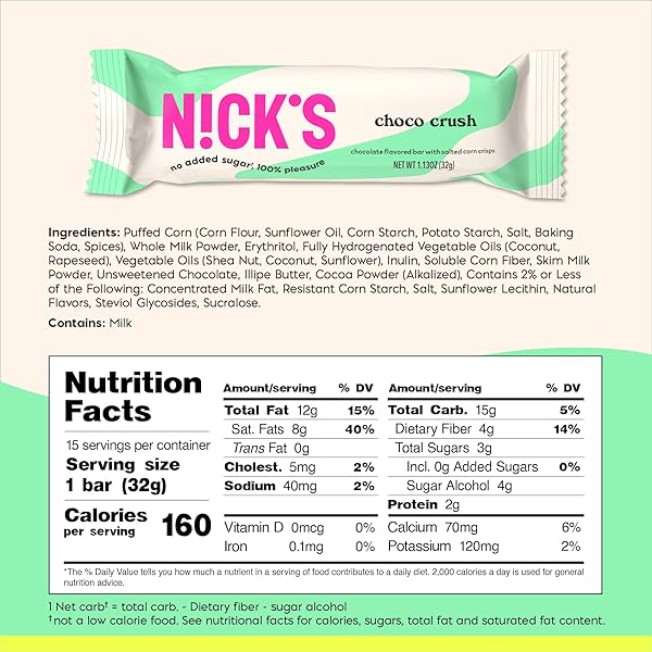 N!CK’S CHOCO CRUSH CHOCOLATE CANDY BAR WITH SALTED CORN PUFFS, NO ADDED SUGAR, GLUTEN FREE, 160 CALORIES, 1.13 OZ – 15-PACK (32G EACH)