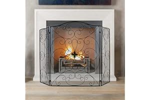 POWLAB Black Fireplace Screen 50 x 36Inch Large 3 Panel Foldable Wrought Iron Free Standing Fireplace Screen Rustic Vintage Arched Mesh Furnace Fireguards Outdoor Iron Protector Fireplace Cover