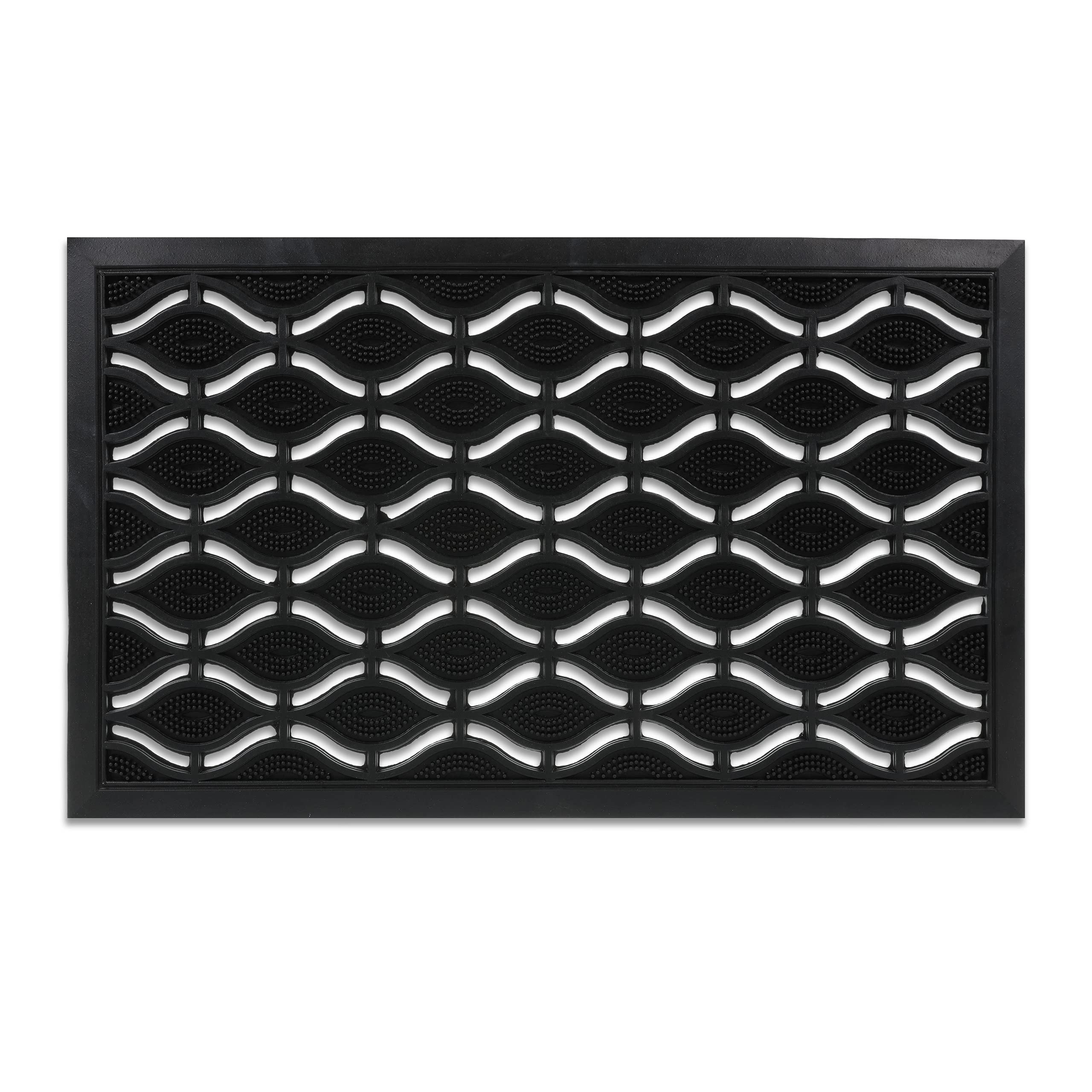 Relaxdays rubber door mat, 75 x 45 cm, weatherproof, non-slip doormat, wave pattern, for indoor and outdoor use, black