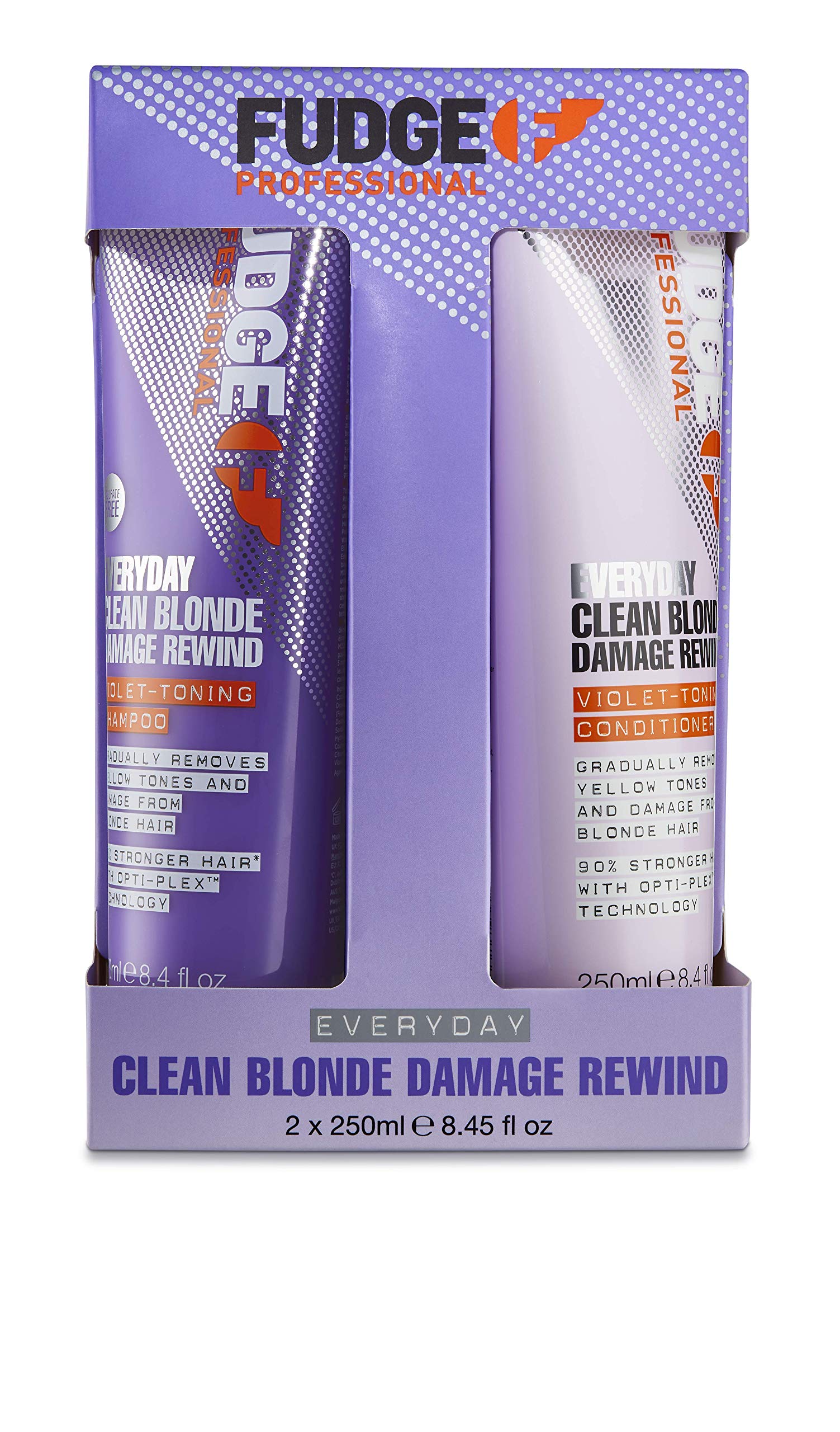 Fudge Professional Purple Shampoo and Conditioner, Everyday Clean Blonde Damage Rewind Gradual Toning Duo for Blonde Hair, 250ml