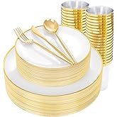 EI 180pcs White and Gold Plastic Plates,Gold Plastic Plates for Party,Fancy Plate Disposable Dinnerware Sets,Gold Disposable Silverware and Cups for Wedding,Baby Shower,Spring Afternoon Tea
