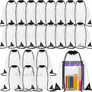 clothmile 30 Pack Black Clear Drawstring Backpacks Bulk Stadium Approved Backpack 17x14 Inch PVC Bags for Women Men Travel Co