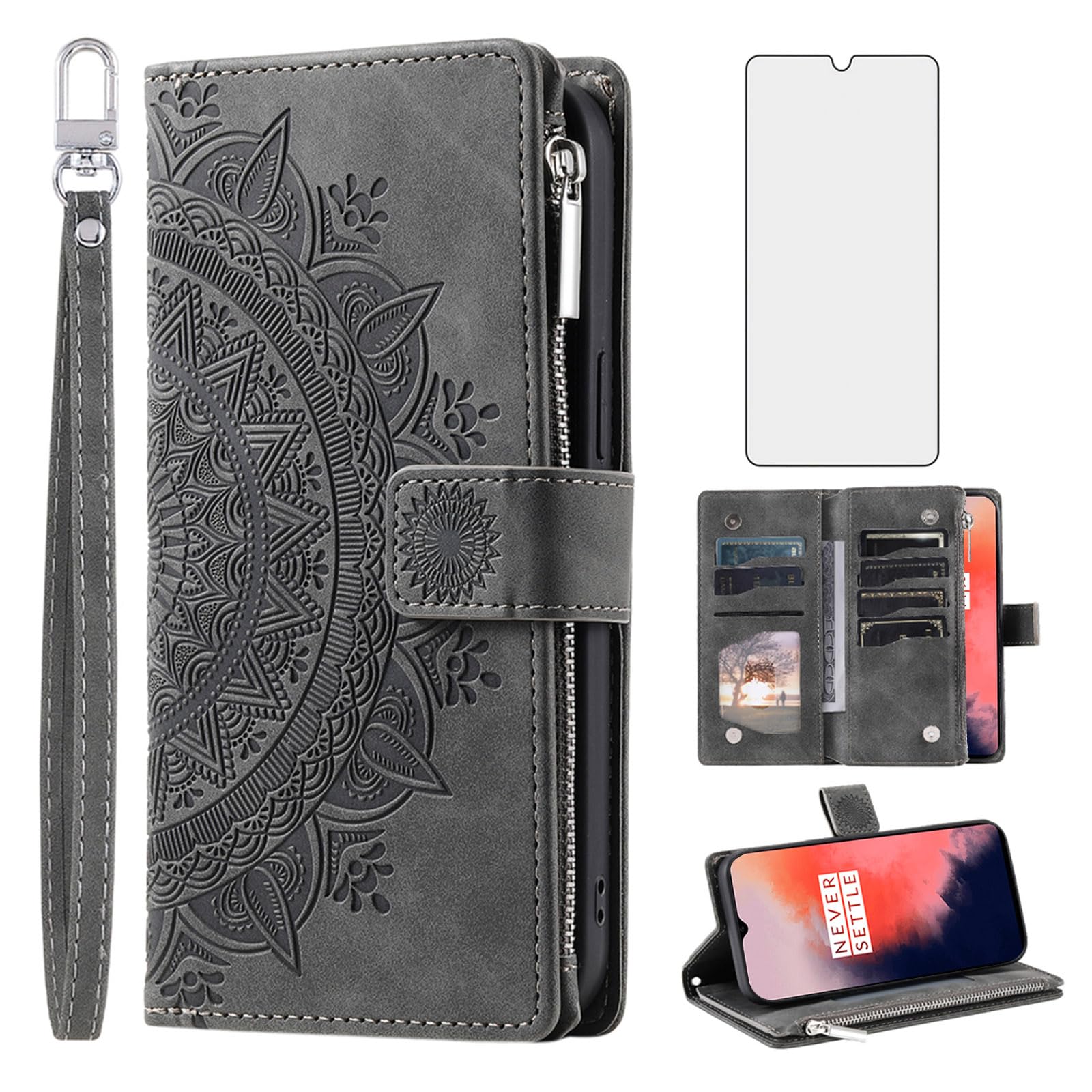 Asuwish Phone Case for OnePlus 7T Wallet Cover With Tempered Glass Screen Protector and Wrist Strap Mandala Flower Flip Zipper Card Holder Cell OnePlus7t 5G One Plus7T 1 Plus T7 1plus + 1+ 1+7T Grey