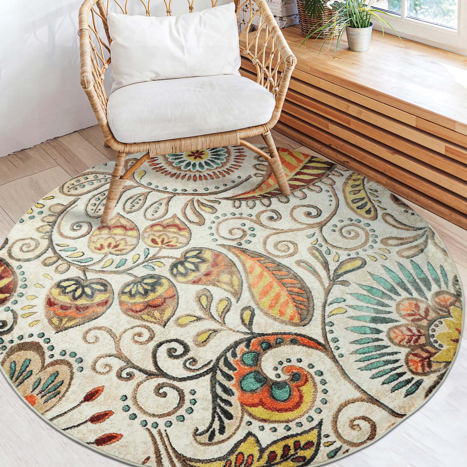 Betadistor Round Area Rug 4Ft Washable Bathroom Non-Slip Large Circle Rugs for Bedroom Throw Soft Cute Plant Print Carpet for Entryway Sofa Living Room 406-10120