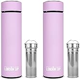 London Sip Multi-Purpose Travel Mug and Tumbler Fruit Infused Flask Hot and Cold Double Wall Stainless Steel Thermos with Extra-Long Infuser, Gentle Lilac, Pack of 2
