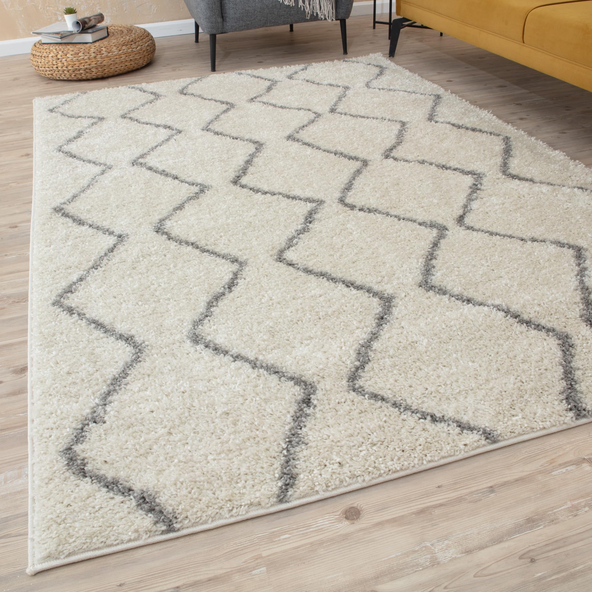 THE RUGS Modern Moroccan Design Living Room and Bedroom Rugs, Non-Shedding & Easy Care (Boho Ivory/Grey, 120x170 cm)