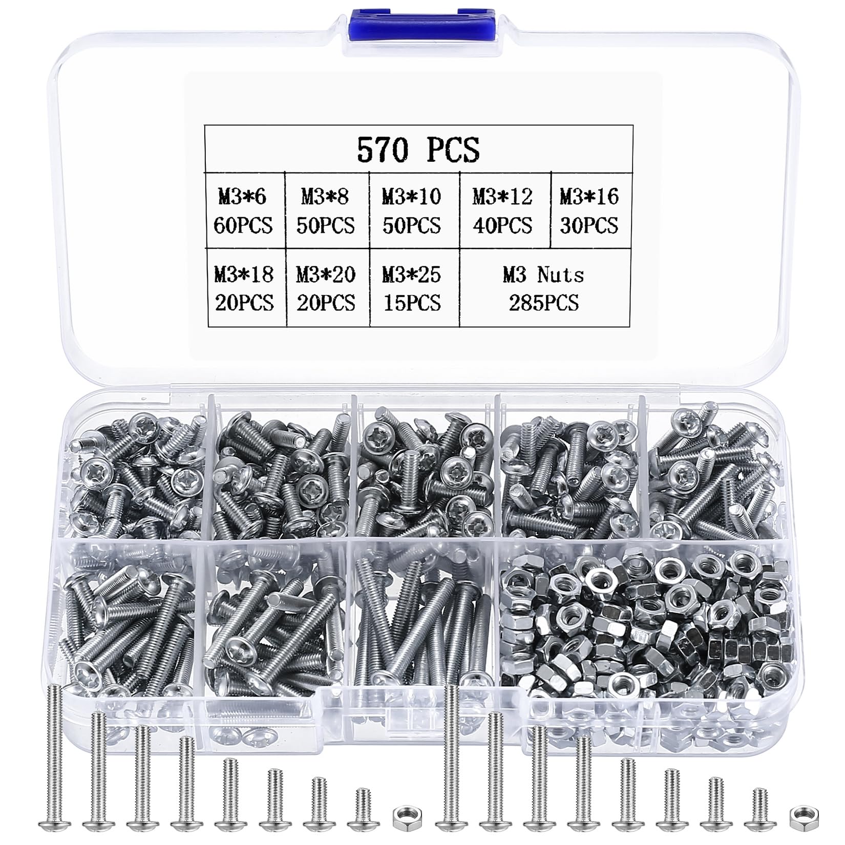 570 Pcs M3 Bolts and Nuts Assortment Set, Cross Pan Head Screws Kit, Machine Screws for Home Office Industrial