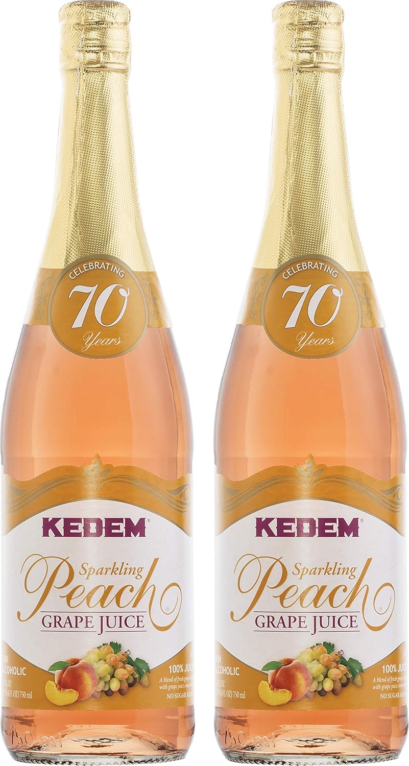 Kedem Sparkling Peach Flavored Grape Juice 25.4oz (2 Pack), No Added Sugar, Non Alcoholic, Kosher for Passover