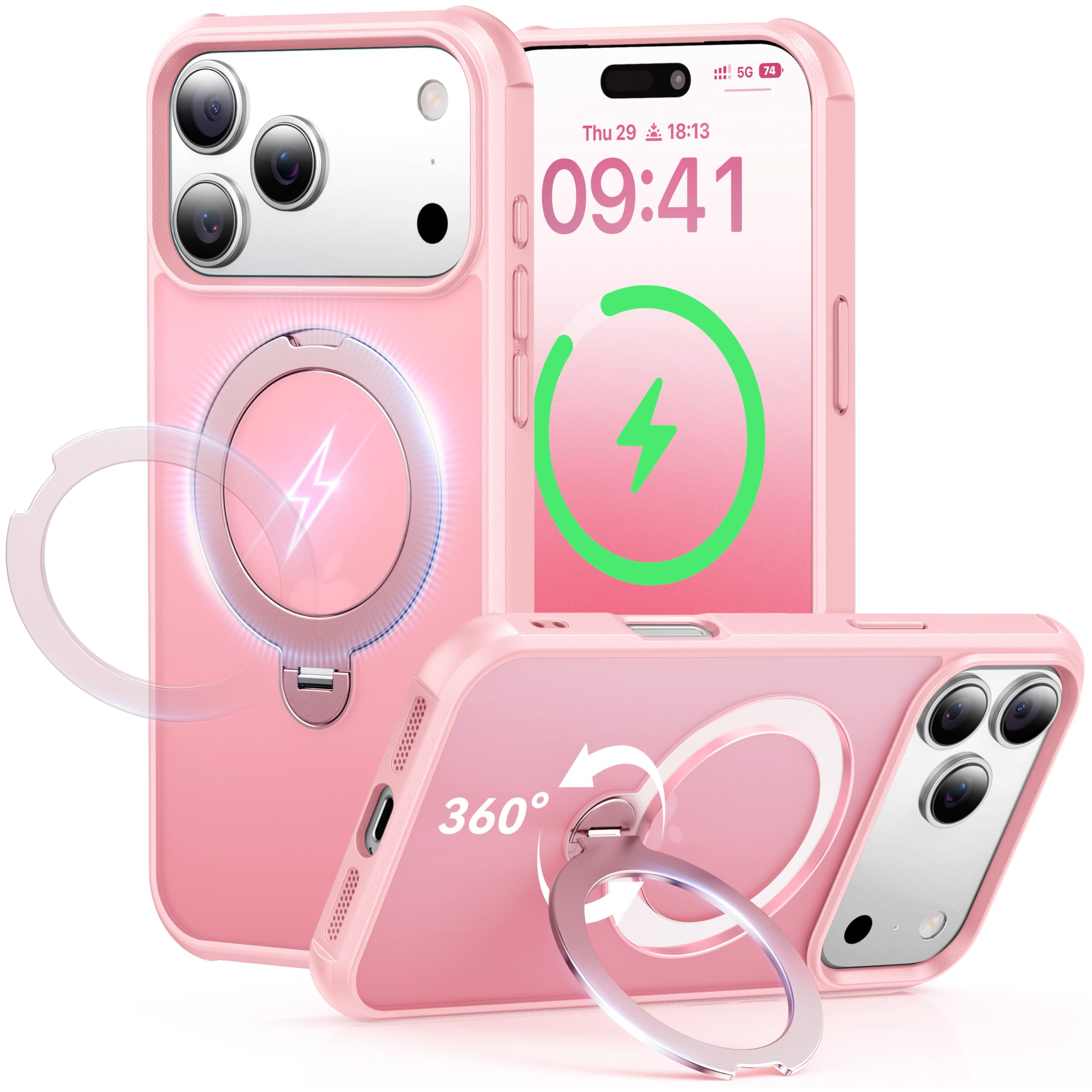 Photo 1 of Peerock 360 Spin Magnetic Stand (Pro-Version) for iPhone 17 Pro Case (Compatible with MagSafe) [Military Drop Protection] Matte Translucent Shockproof Protective Phone Case 6.3'', Pink