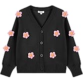 Girls' Cardigan with 3D Flowers Embroidery, Cropped Knit Sweater Shrug for Kids, Long Sleeve Uniform Cardigans for 5-12 Years