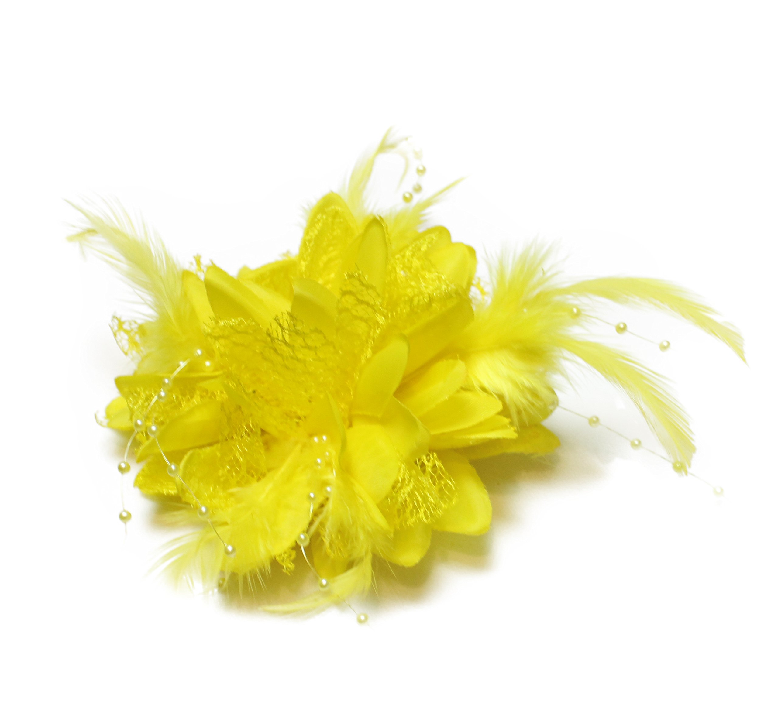 Flower Feather Bead Corsage Hair Clips Fascinator Hairband and Pin (Yellow)