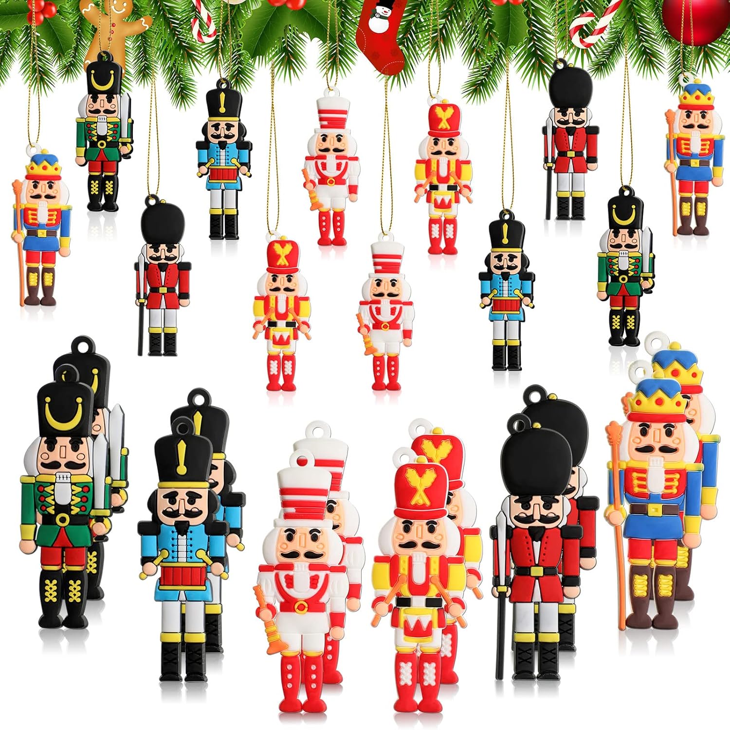 Nutcrackers - Geosar 24 Pcs Nutcrackers Ornaments for Christmas Tree Soldier Figures Hanging Decoration Set PVC Nutcrackers Decor Tree Charms Xmas Birthday Party Holiday Ornament Supplies (24 Pcs)