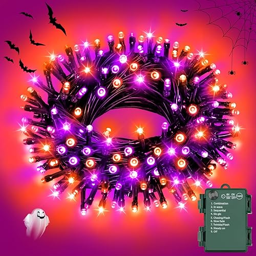 FFZZKJ Halloween Lights Outdoor Timer 8 Modes Waterproof Battery Operated 10Ft/3M 30 LED Indoor for Halloween Decorations, Door, Window, Orange&Purple