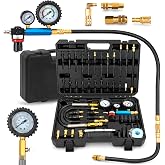 XSTARYE 46PCS Automotive Compression Tester Kit with Dual-Dial Gauge Gasoline &amp; Diesel Compression Tester Set Cylinder Leak Down Tester for HDI, TDCi, Pump Duse (PD) (1/4 US Standard Air Inlet)