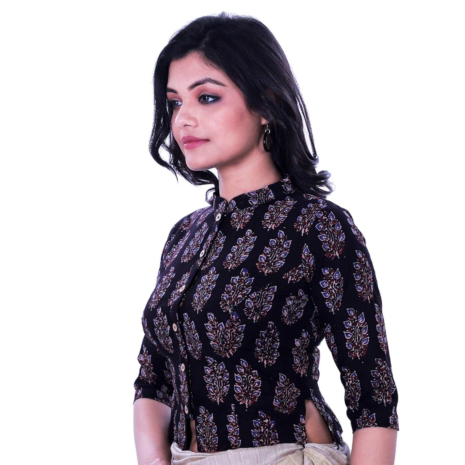 black cotton ajrakh printed blouse (t-005273)