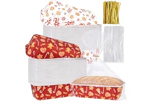 HFYZZ 50 Sets Christmas Paper Loaf Pans 6.3 x 2.2 x 2.2 Inch Xmas Gingerbread Man Candy Disposable Loaf Pan Liners with Clear