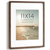 FLYJOE 11x14 Picture Frame, Natural Wood Photo Frame|Rounded Corner|Walnut | Matted to 8x10 Photo, HD Tempered Glass, USA-Sourced Wood, Mortise &amp; Tenon Joint, Horizontal or Vertical Wall Mounting