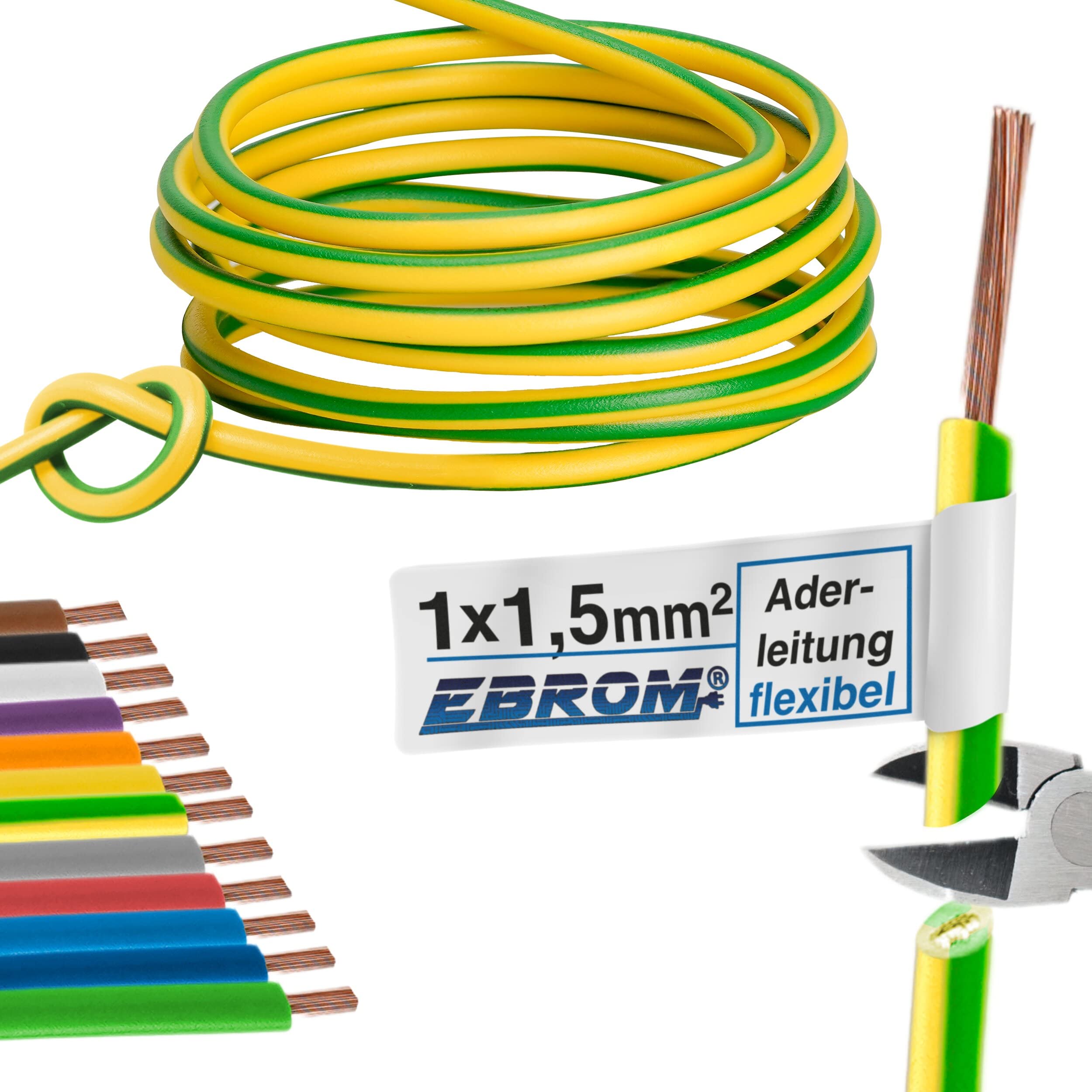Core Cable Wiring Cable – Single Core Flexible 1.5 mm² – PVC Cable – H07V-K 1.5 mm² – Colour: Green Yellow – Many Lengths Available in 5 Metre Increments, Length: 100 m