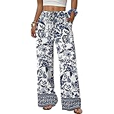 Sampeel Women's Linen Summer Palazzo Pants Flowy Wide Leg Beach Trousers with Pockets