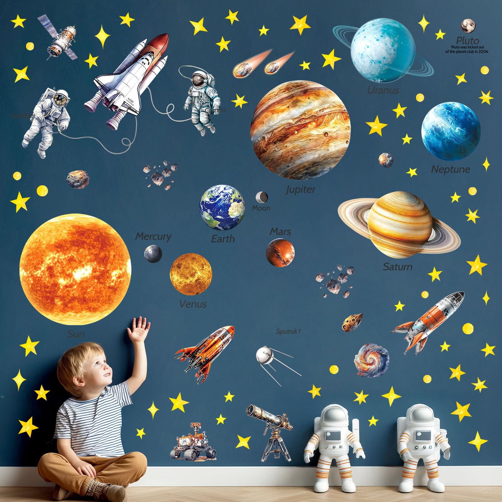 DECOWALL DS12-8077 Solar System Wall Stickers Space Planets Stars Celling Decals Kids Boys Girls Dark Room Bedroom Baby Nursery Home Art Decoration
