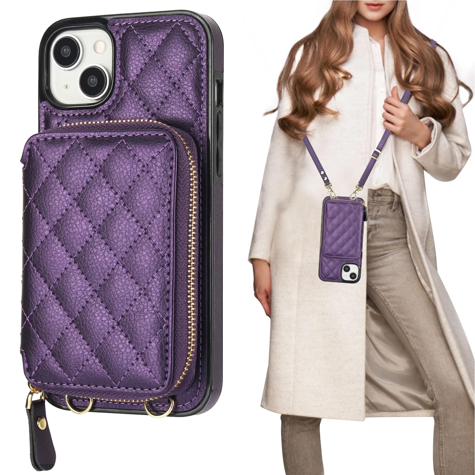 Bocasal Crossbody Wallet Case for iPhone 14 Plus, RFID Blocking PU Leather Zipper Handbag Purse Flip Cover, Kickstand Folio Case with Card Slots Holder Wrist Strap Lanyard 5G 6.7 Inch (Dark Purple)