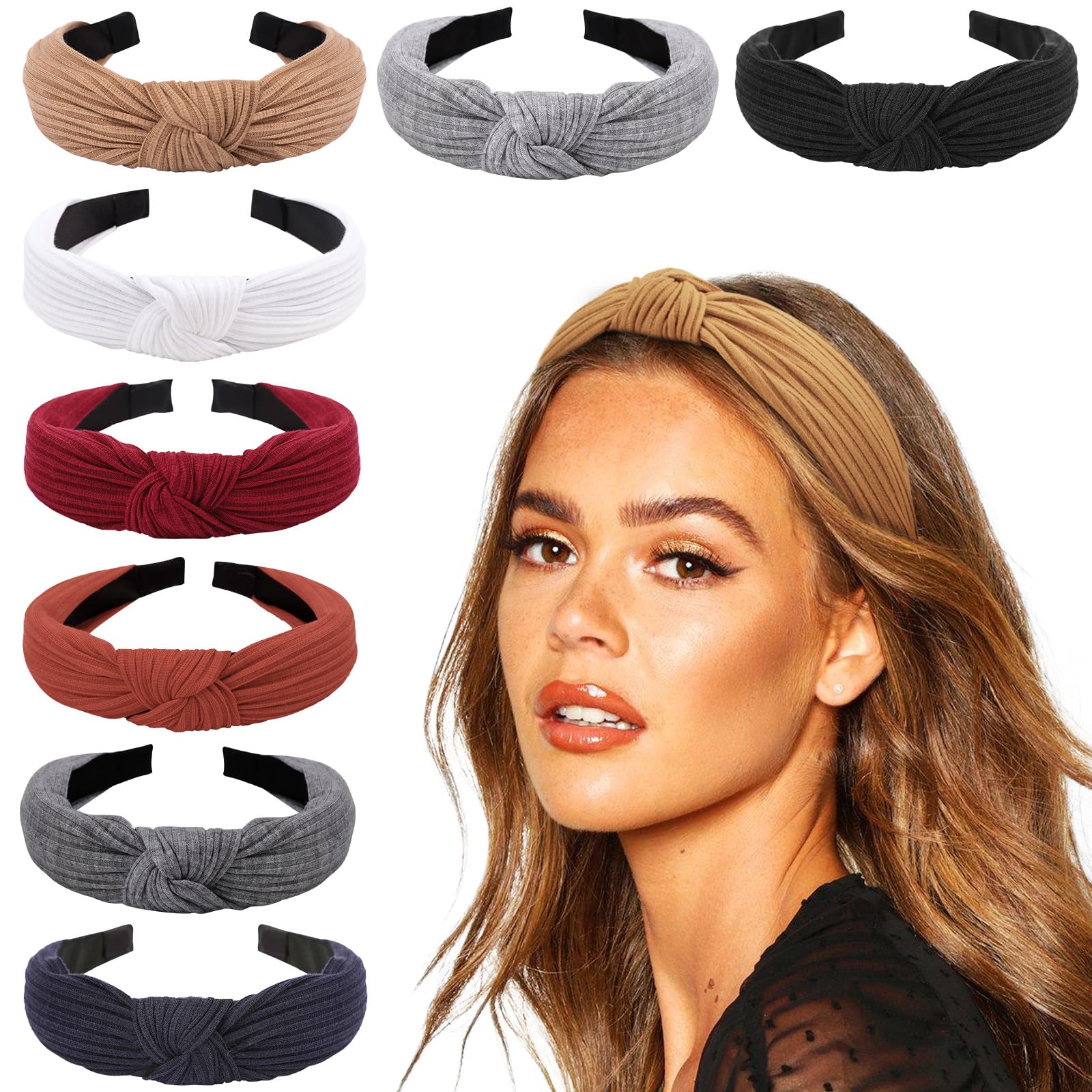 Photo 1 of DRESHOW 8 Pack Knotted Headbands for Women Wide Turban Headband Yoga Exercise Ribbing Hair Hoop Hair Bands Accessories