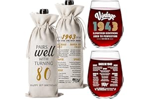 JETTRYRAN 80th Birthday Gifts for Women Men 80 Years Old Birthday Gifts 80th Birthday Anniversary Decorations Party Supplies- Vintage 1943- Wine Glass &Bottle Gift Bag Set- Turning 80- W006