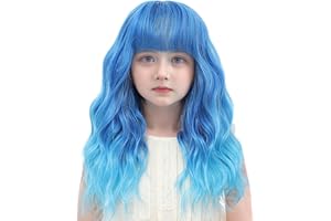 BUPPLER Kids Light Blue Wig with Bangs 14 Inch Halloween Cosplay Wigs for Kids Girls Wavy Hair Synthetic Wig with Upgraded St