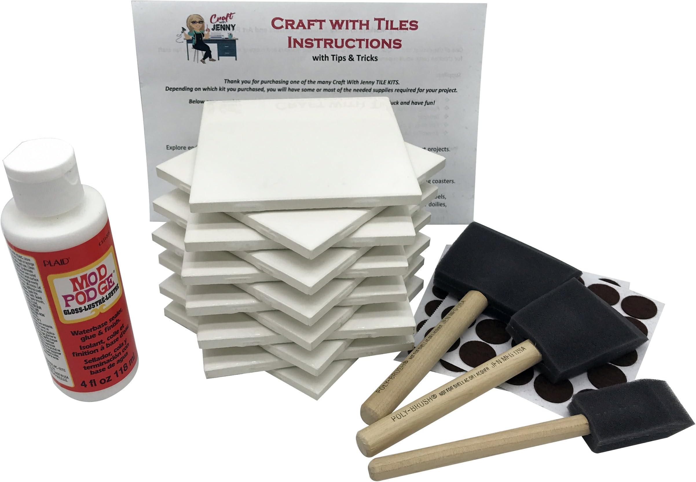 Coaster Tile Craft Kit, Premium Bundle Set Includes 12 Glossy Ceramic White Tiles 4x4, Mod Podge Gloss Glue Sealer, Foam Brushes, Felt Adhesive Pads and Detailed Instructions, Make Your Own Coasters!