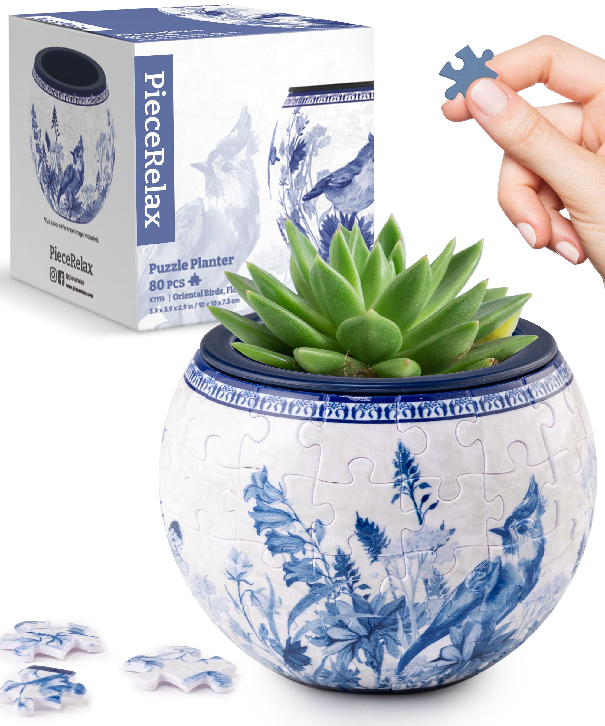 PieceRelax 3D Puzzle Planter - Oriental Birds and Flowers, 80 Piece DIY Plant Pot for Cactus & Succulents with Drainage, Unique Home & Office Decor [K1115] — image 1