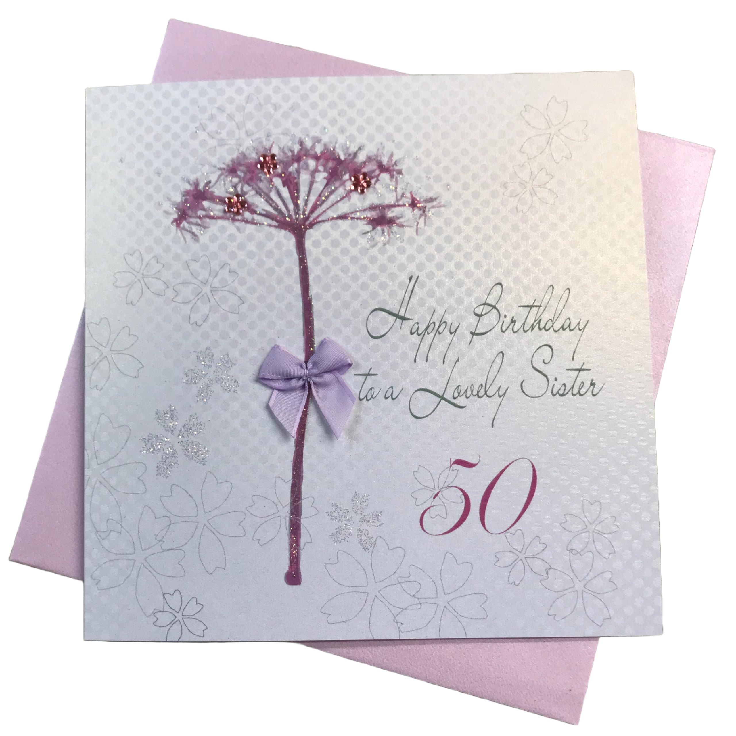 white cotton cards "Dandelion, Happy Birthday to a Lovely Sister 50" Handmade 50th Birthday Card, White, bd65-50