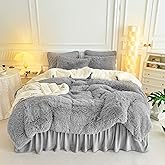 Gray Faux Fur Comforter Set Full / Queen 3 Pieces - 1 Shaggy Comforter 90x90 and 2 Fur Pillowcases, Ultra Soft and Easy Care Sherpa Luxury Plush Super Warm Winter Shaggy Bedding Set