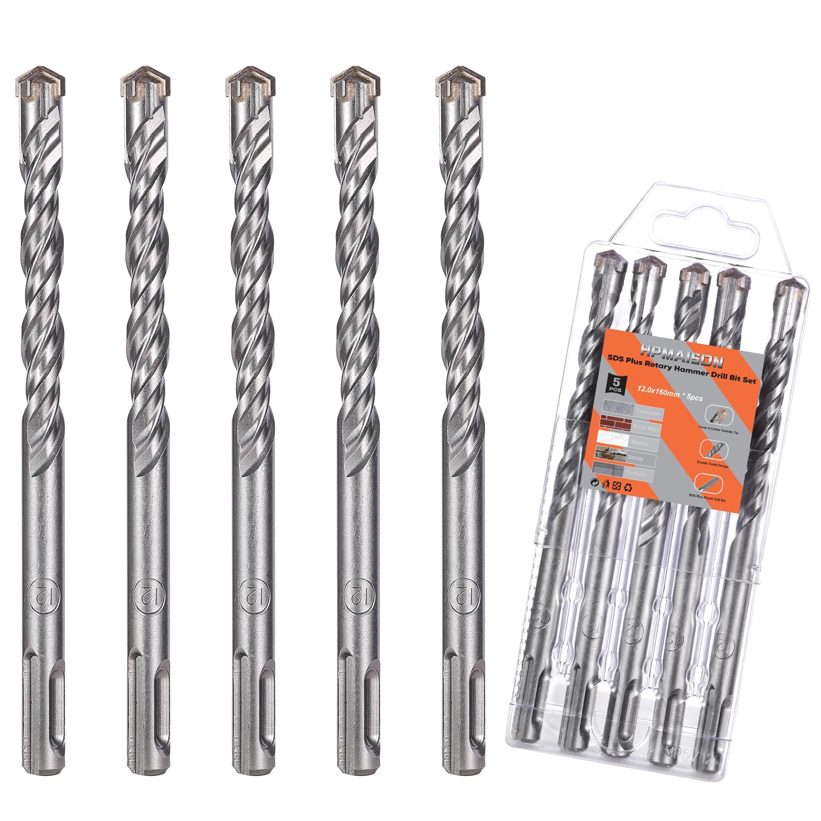HPMAISON SDS Plus Rotary Hammer Drill Bit Set 12mm x 160mm, 5PCS Cross Drill Bits Hammer Impact Drill Bit 4-Cutter Carbide Tips for Drilling Stone, Concrete, Brick Wall, Cement, Masonry