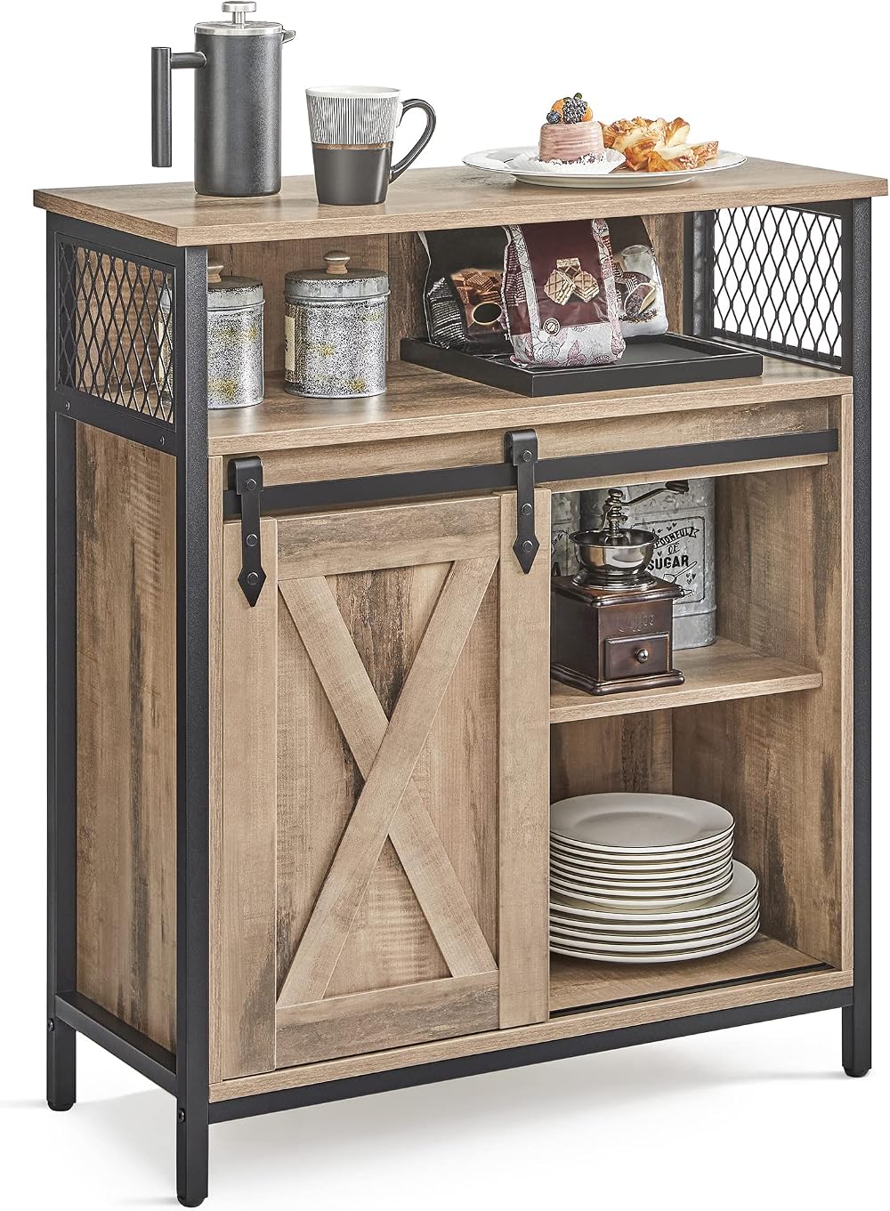 VASAGLE Sideboard Storage Cabinet with Sliding Barn Door Toasted Oak Black