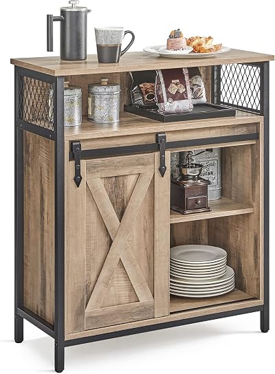 VASAGLE Sideboard Storage Cabinet with Sliding Barn Door Toasted Oak Black