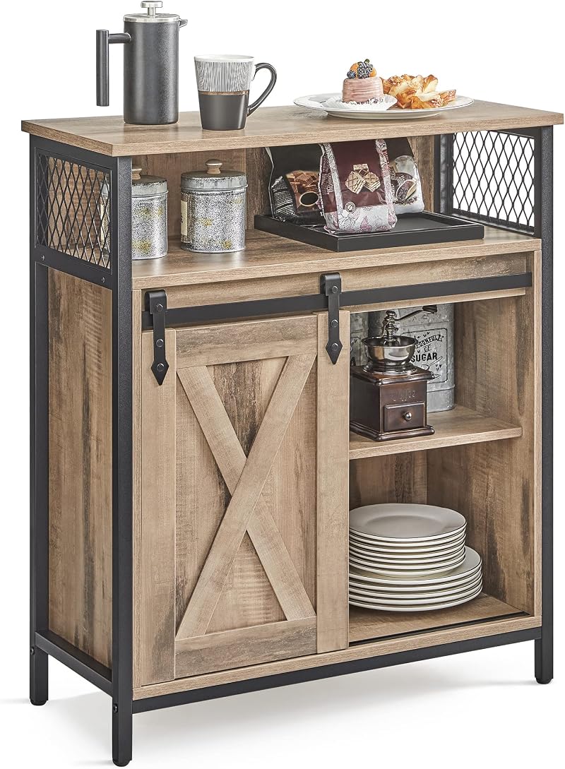 VASAGLE Sideboard Storage Cabinet with Sliding Barn Door Toasted Oak Black