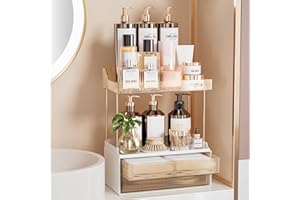 Delamu Bathroom Organizers and Storage, 2 Tier 2 Drawer Makeup Organizer Countertop, Easy to Install, Ideal for Bathroom Counter, Vanity, Ideal for Women Girls, Amber