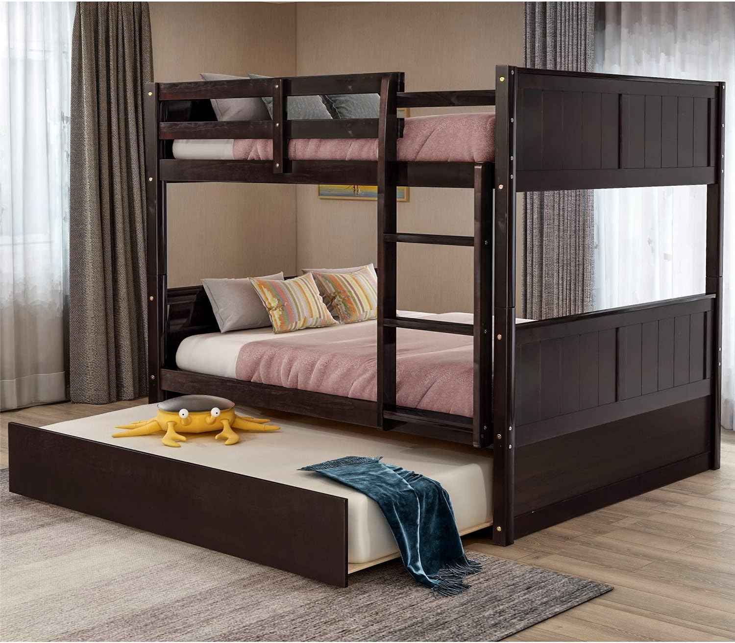 Full Over Full Bunk Bed with Twin Trundle and End Ladder, Norcia Pine Wood Bunk Bed Frame Convertible to Two Full Size Bed and One Twin Trundle Bed for Kids Teens No Box Spring Needed (Black)