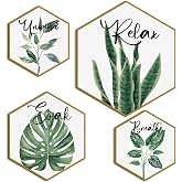 Hoteam Set of 4 Green Bathroom Wall Art Botanical Relax Unwind Gold, Plants | Hexagon Gold Frame, Eucalyptus Monstera Soak Breathe Quotes, Spa Decor for Restroom Powder Room, Botanical Prints