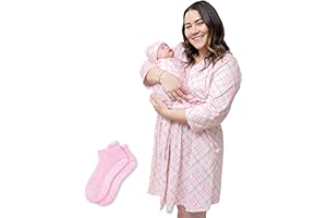 Asha Creations Mommy & Newborn Outfit Set, 4 Piece Set Includes Nursing Robe, Mom Sock, Swaddle Blanket and Matching Baby Hat