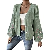 SHENHE Women's Embroidery Cardigan Drop Shoulder Button Front Duster Knit Sweater