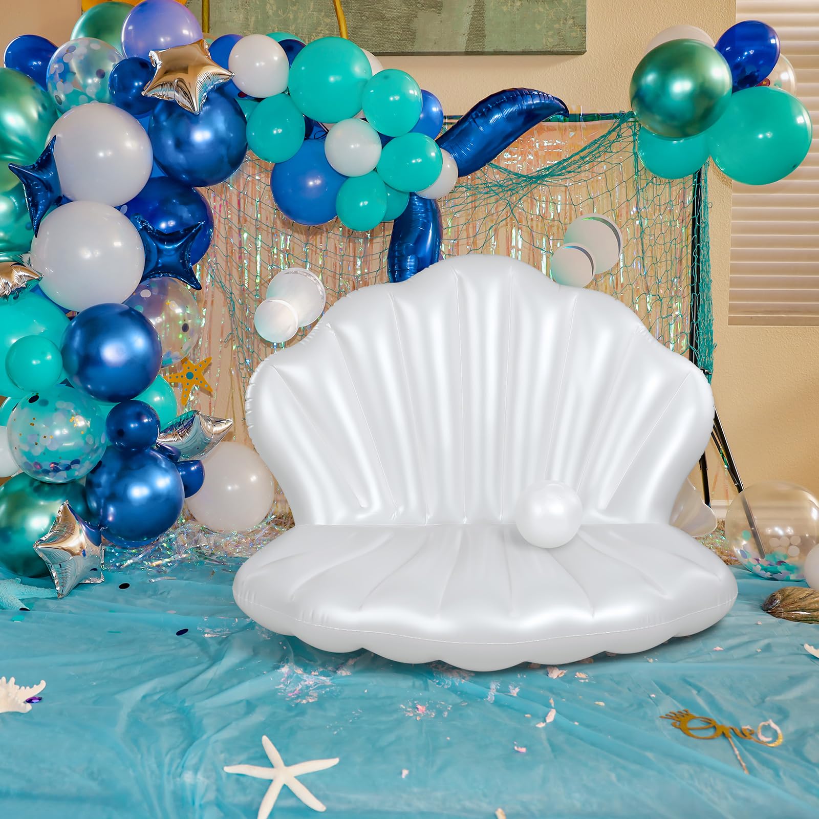 Photo 1 of Inflatable Seashell Pool Backdrop Decorations 55 Inch Inflatable Seashell with Pearl Ball Floats for Mermaid Swimming Pool Summer Beach Party Ocean Birthday Theme Party Decor
