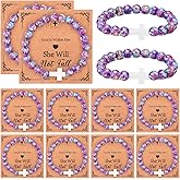 Landical 12 Pieces Cross Beaded Bracelet Bulk with Bible Card Christian Bracelets for Women Faith Religious Christian Gifts Natural Stone for Friend Baptism Communion
