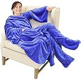 Catalonia Wearable Fleece Blanket with Sleeves and Foot Pockets for Adult Women Men, Micro Plush Comfy Wrap Sleeved Throw Blanket Robe Large, Blue