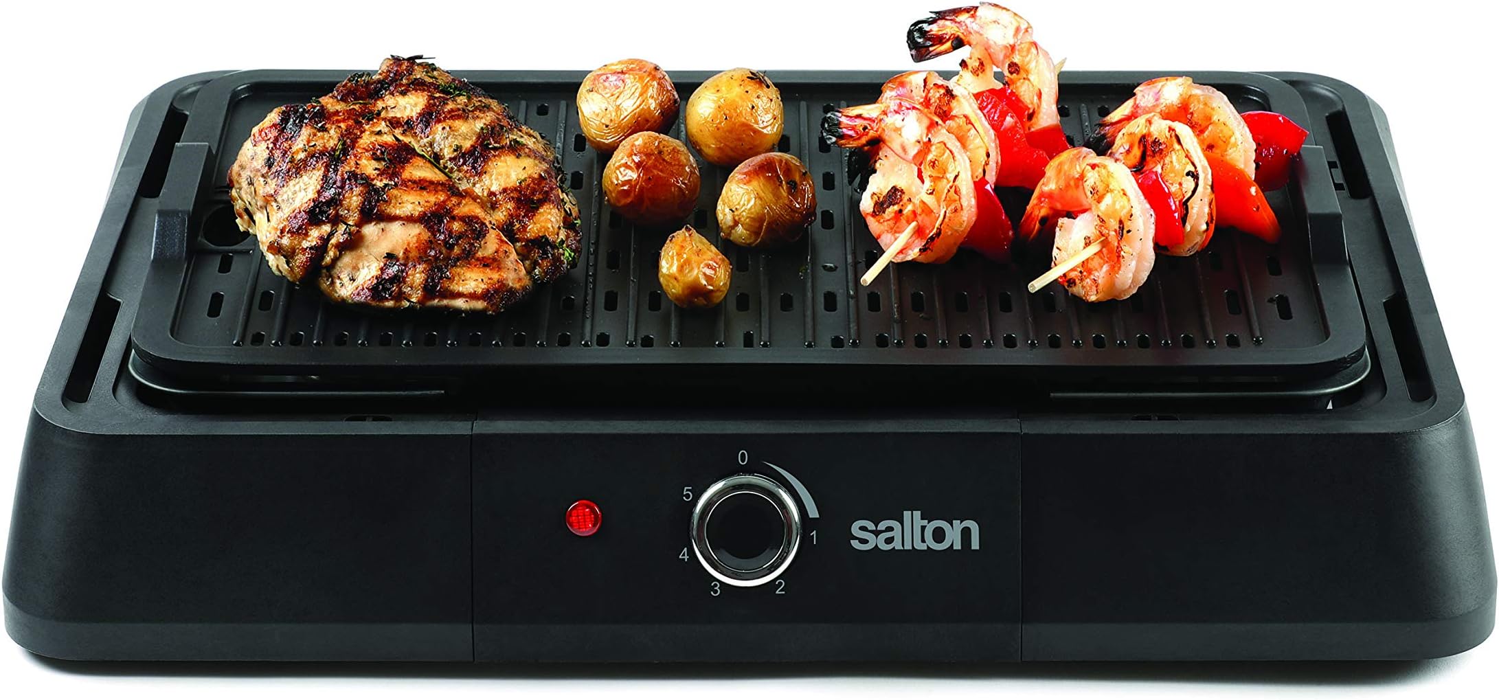 Salton Smokeless Electric Indoor Health Grill, Large Non-Stick Dishwasher-Safe Grilling Plate 15.4" x 9.1", Adjustable Temperature Control with Indicator Light, Powerful 1600 Watts, Black (HG1764)