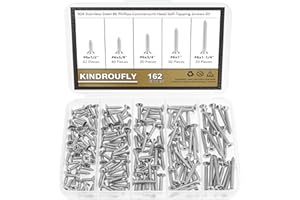 Kindroufly 162 Pieces #6 x 1/2" 5/8" 3/4" 1" 1-1/4" Phillips Countersunk Head Self-Tapping Screws, Wood Screws Assortment Kit, 304 Stainless Steel