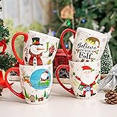 Topadorn Christmas Coffee Mug Ceramic Xmas Mug Porcelain Latte Tea Cup With Lid 17oz., Christmas Mug Set of 4