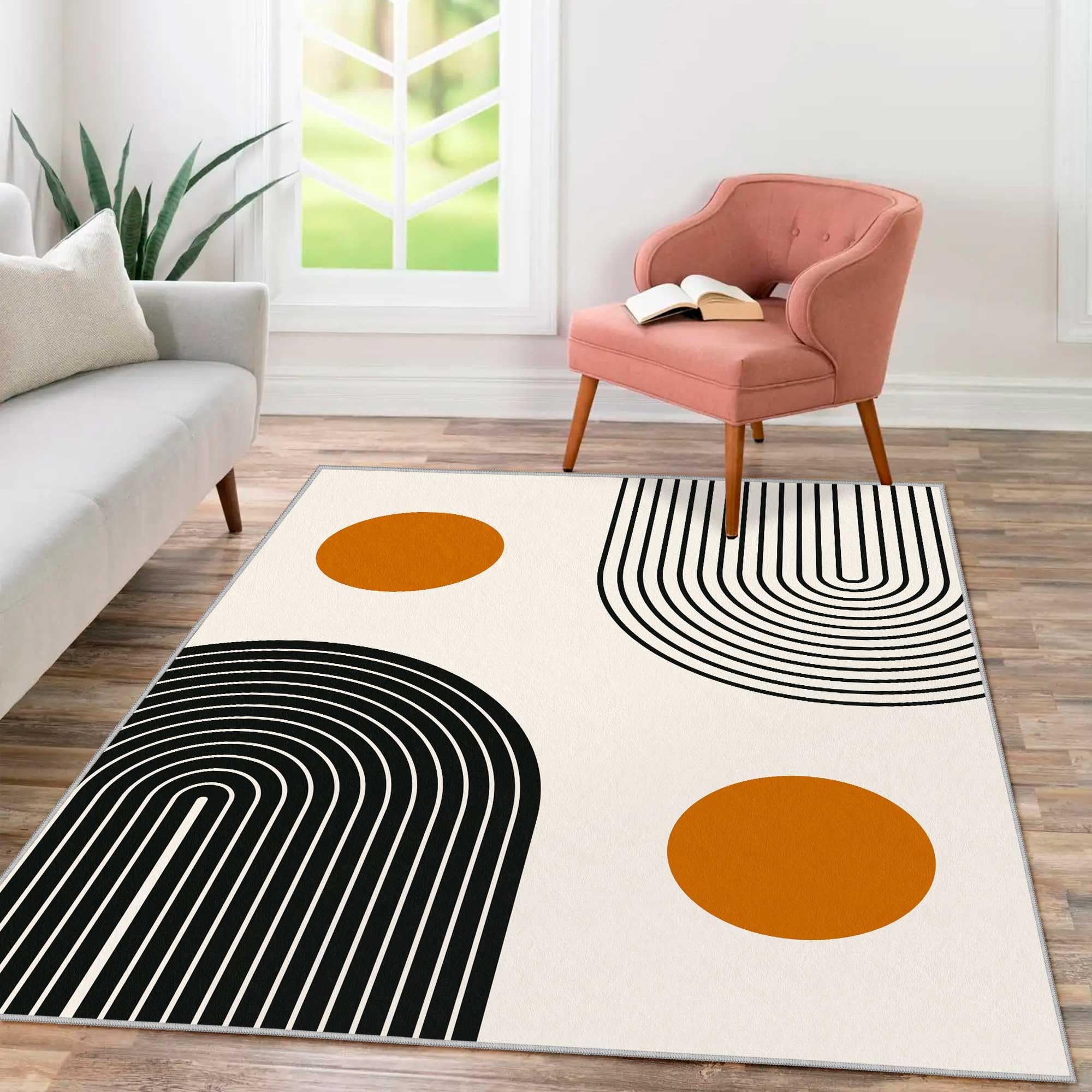 Photo 1 of Tyrot Mid Century Modern 5x7 Rug Washable Boho Rainbow Area Rugs Non Slip Contemporary Thin Low Pile Classroom Rugs for Living Room Bedroom Minimalist Abstract Sun Floor Carpet for Nursery Dining Room