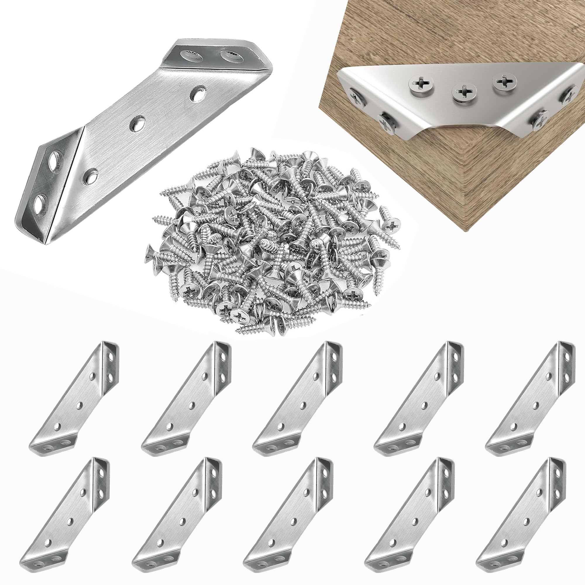ZKSMNB Universal Stainless Steel Furniture Corner Connector, Corner Brackets for Wood Furniture, Furniture Triangle Support Frame, Angle Fasten Connector for Table, Shelf, Chair (10 PCS with 70 Screw)