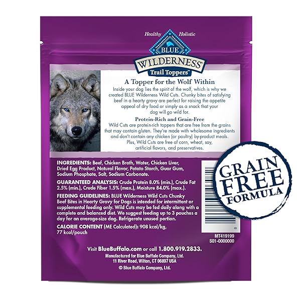BLUE BUFFALO WILDERNESS TRAIL TOPPERS WILD CUTS WET DOG FOOD, HIGH-PROTEIN & GRAIN-FREE, MADE WITH NATURAL INGREDIENTS, CHUNKY BEEF BITES IN HEARTY GRAVY, 3-OZ. POUCHES, (24 COUNT)